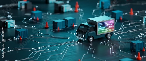 Futuristic autonomous delivery truck navigating a glowing digital city grid with interconnected data pathways and abstract buildings