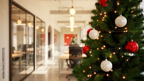Festive christmas tree with red and white ornaments and twinkling lights in a modern office hallway during the holiday season