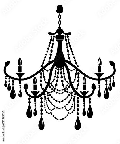 Ornate, symmetrical antique-style chandelier silhouette with dripping crystals and beaded chains. Represents luxury, elegance, classical interior design, Victorian, and vintage themes.