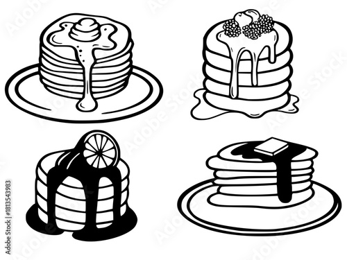 Set of four stacked pancakes with dripping syrup, butter, berries, and lemon, rendered in a bold black and white line art style.