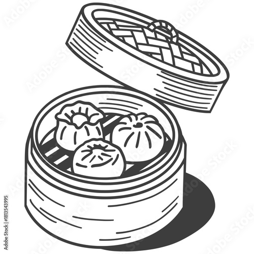 Assorted Dim Sum dumplings and buns steaming in an open traditional bamboo basket. Detailed line art illustration for Chinese, Cantonese, and Asian cuisine concepts.