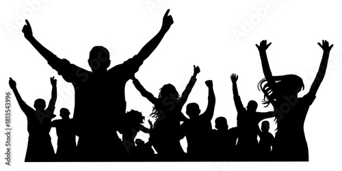 Excited crowd silhouette with arms raised in victory or celebration. Depicts energy, cheering, concert audience, political rally, or success. Ideal for concepts of community, triumph, sports, and live