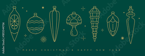 Set of line art holiday Christmas tree toys, baubles, knick knacks, decorations on emerald green background. Vector illustration
