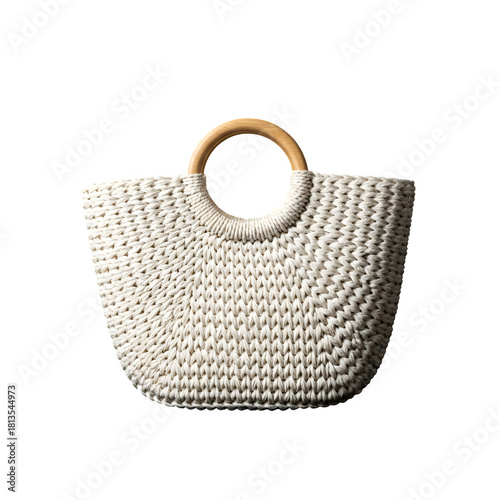 Handmade woven bag with round wooden handle, fashion accessory isolated on transparent background