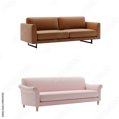 Modern tan leather sofa and classic pink fabric couch set designs isolated on transparent background
