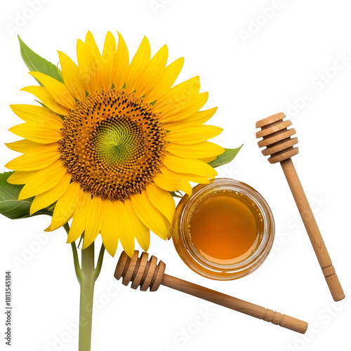 Bright sunflower, golden honey in jar with wooden dippers isolated isolated on transparent background