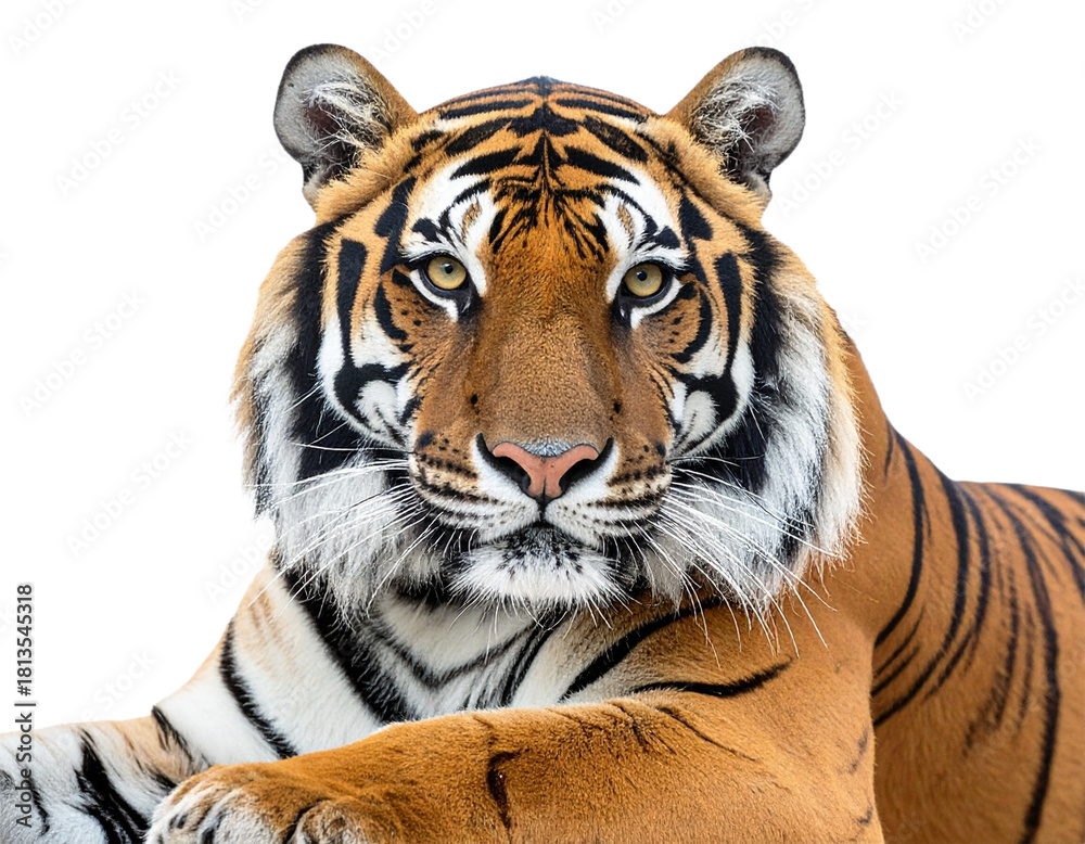 Obraz premium Tiger face close up isolated on white background, transparent PNG