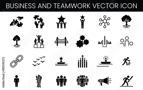 Business and teamwork vector icon set showing collaboration, success, leadership, connection, and growth concepts