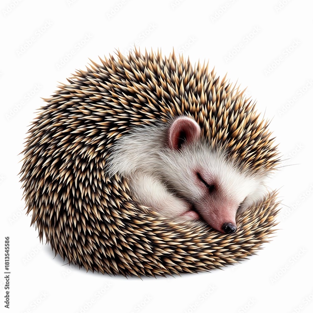 Fototapeta premium Cute small hedgehog curled up sleeping peacefully isolated on white background