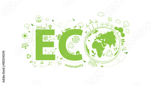 Green eco sustainability concept featuring global recycling, renewable energy icons, clean technology and environmental conservation symbols promoting climate awareness and sustainable living, vector