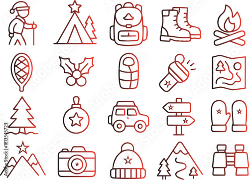 Collection of thin line icons representing winter camping and outdoor adventure activities, isolated on white background