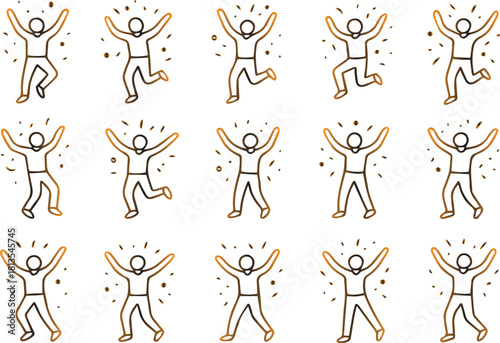 Collection of simple line art illustrations depicting various joyful human figures jumping and celebrating with arms raised high
