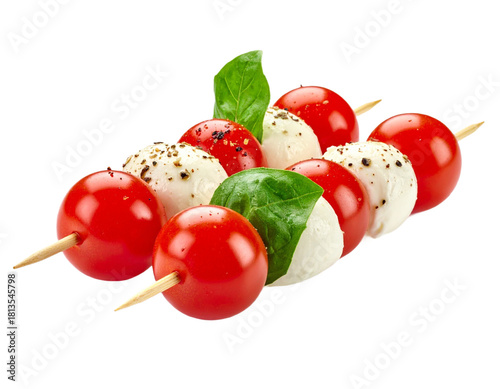 Caprese skewers with cherry tomatoes, mozzarella, and basil isolated on white background, transparent PNG