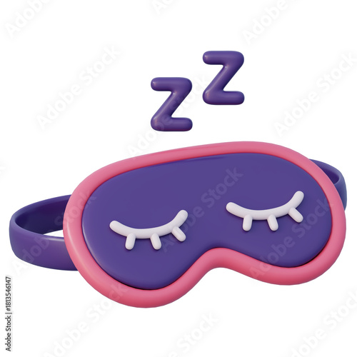 3d purple and pink sleeping mask with z sleep symbols floats in the air