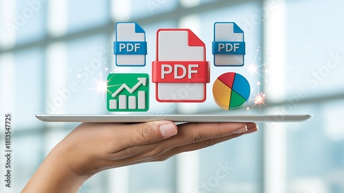 Hand holding tablet displaying pdf documents charts and graphs representing digital data and business analytics