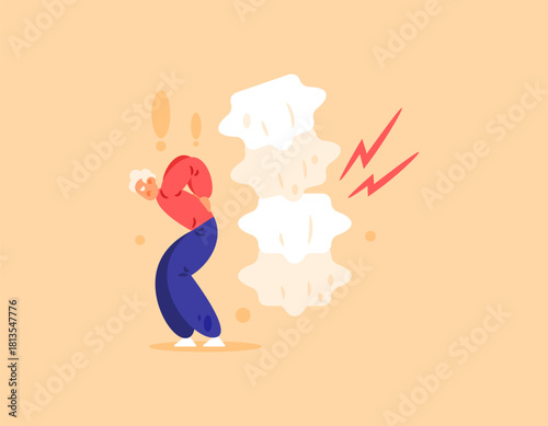 Spinal problems concept. Injuries and health problems. Symptoms of arthritis and osteoporosis. Illustration of a grandfather experiencing back and waist pain. Flat style design. Orange background.