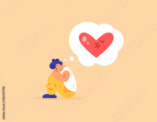 The concept of anxiety and feeling down because of love. confusion and heartache. People and love problems. Illustration of a man sitting sad because of a broken heart. Flat style design. Orange