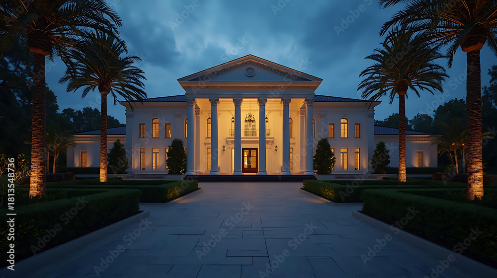 Fototapeta premium Grand mansion illuminated at night with a long brick driveway and palm trees