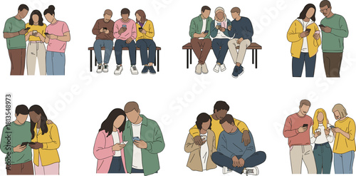 Diverse group of young friends using smartphones, chatting and scrolling social media, sitting and standing vector illustration set.