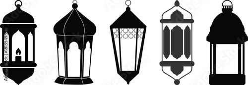 Eid mubarak arab islamic fanous lantern or ramadan lamp silhouettes. Isolated vector ornate lamps, symbol of holiday joy and celebration. They illuminate homes and streets, adding a festive ambiance
