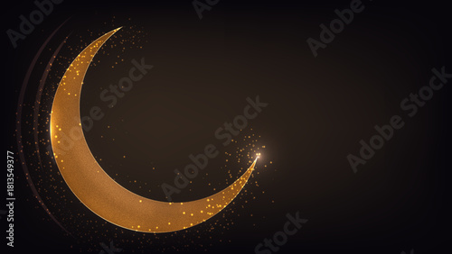 A striking Islamic abstract vector background featuring a glowing crescent moon surrounded by sparkling particles and glitter. The deep black contrast adds a bold, modern, and elegant visual appeal.