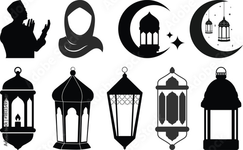 Eid mubarak arab islamic fanous lantern or ramadan lamp silhouettes. Isolated vector ornate lamps, symbol of holiday joy and celebration. They illuminate homes and streets, adding a festive ambiance