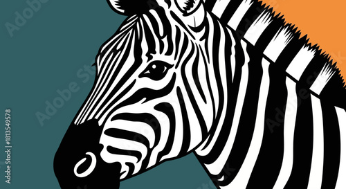 Close-up illustration of a zebra's head with black and white stripes.