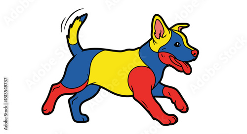 Cartoon dog with yellow, blue, and red patches running.