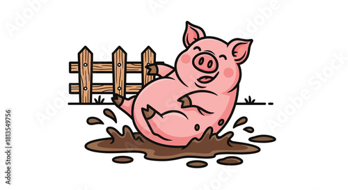 Cartoon pig happily playing in a mud puddle near a fence.