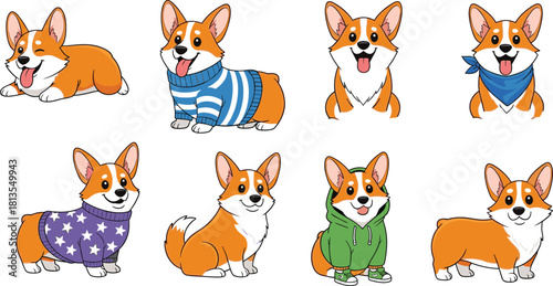 Cute Pembroke Welsh Corgi dog vector illustration set, funny puppy character wearing sweater and hoodie, happy pet collection.