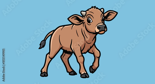 Cartoon illustration of a brown calf on a blue background.