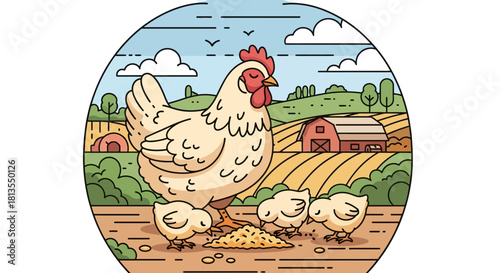 Illustration of a hen with three chicks in a farm setting.