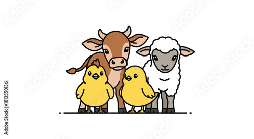Illustration of a cow, sheep, and two chicks standing together.