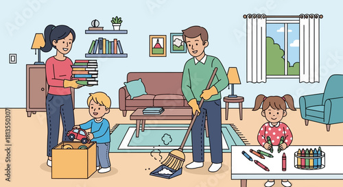 Family cleaning the living room together, with a mother, father, son, and daughter.