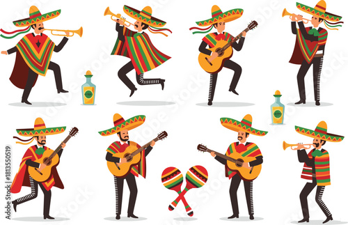 Mexican mariachi musicians playing guitar and trumpet, dancing in colorful ponchos and sombreros, Cinco de Mayo fiesta celebration vector set.