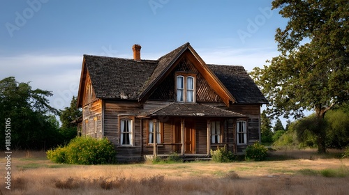 Wallpaper Mural An aged weathered wooden farmhouse sits abandoned in a dry overgrown rural field under a clear blue sky Torontodigital.ca