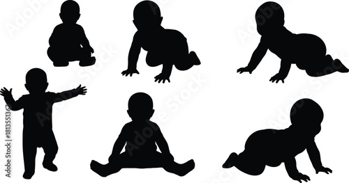 Collection of Cute Baby and Toddler Silhouettes Vector Set in Various Poses, Including Sitting, Crawling, and Standing, Representing Childhood Development Isolated on White.