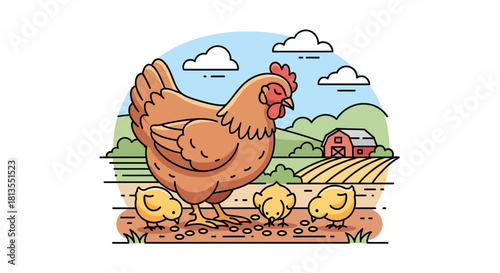 Illustration of a hen with three chicks in a farm setting.