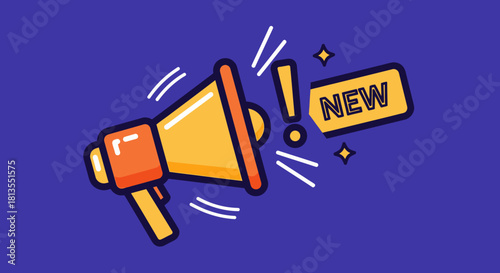 Cartoon megaphone with a new tag on a blue background, announcing something new.