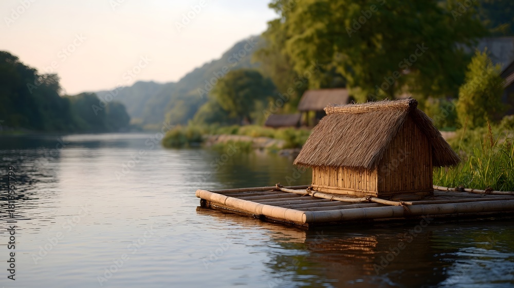 Fototapeta premium A serene bamboo raft with a thatched hut floats on a calm river at sunrise with forested hills in the background