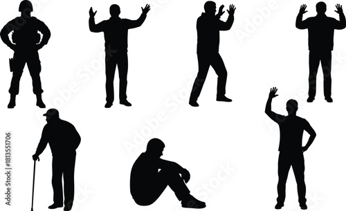 Diverse Men Silhouettes Vector Set, Including Soldier, Elderly Man with Cane, Man Surrendering with Hands Up, and Depressed Man Sitting, for Social and Authority Themes.