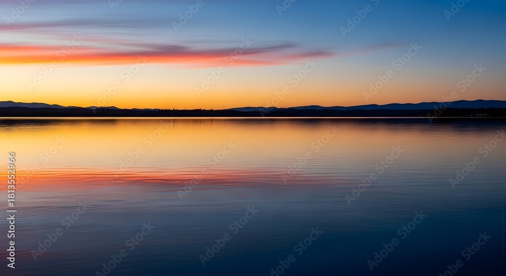 Obraz premium Dramatic Sunset Reflection Calm Lake Water Horizon Serenity