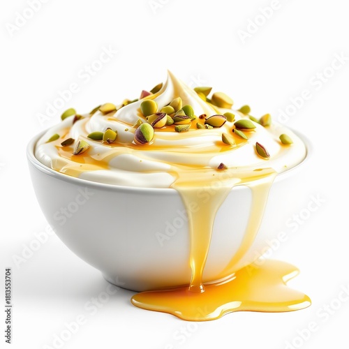 Creamy greek yogurt topped with honey drizzle and chopped pistachio nuts in a white bowl isolated on white background