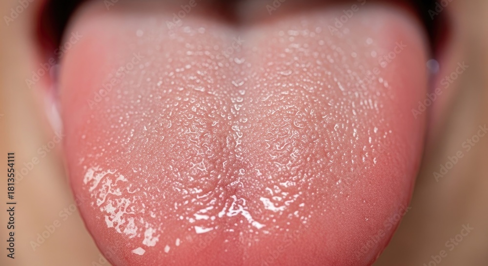Fototapeta premium Close Up Macro Shot of Human Tongue Surface Texture and Taste Buds Illustrating Gustatory System and Sensory Perception on Natural Light Pink Tone Background