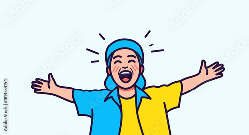 Cartoon woman with arms outstretched, wearing a blue headscarf and a two-toned shirt.