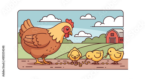 Cartoon illustration of a hen with three chicks in a farm setting with a barn and fields.