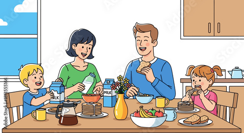 Family enjoying breakfast together at a table with food and drinks.