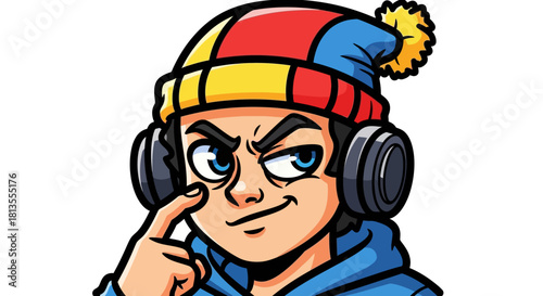 Cartoon character with a colorful hat and headphones pointing at his eye.