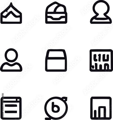 Collection of nine distinct black and white line art style icons