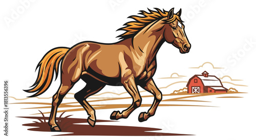 A brown horse runs in a field with a red barn in the background.